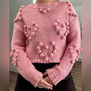 Balboa Chunky Pink Knit Heart Pom Pom Bobble Sweater Barbiecore